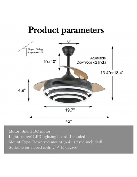 Oaks Aura 42in. DIY Shape LED Retractable Ceiling Fan With Light 6 Speed Latest DC Motor Remote Control Retractable Ceiling Fan