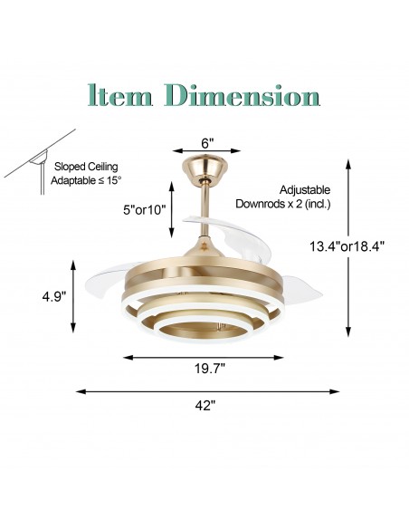 Oaks Aura 42in. DIY Shape LED Retractable Ceiling Fan With Light 6 Speed Latest DC Motor Remote Control Retractable Ceiling Fan
