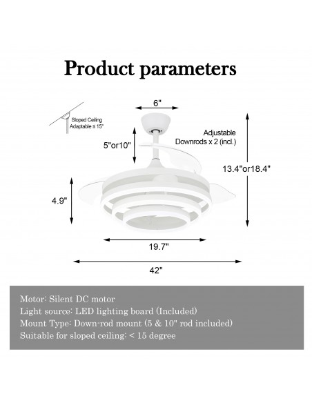 Oaks Aura 42in. DIY Shape LED Retractable Ceiling Fan With Light 6 Speed Latest DC Motor Remote Control Retractable Ceiling Fan