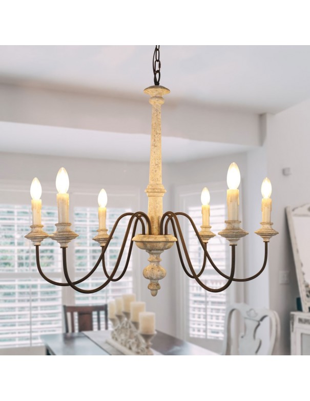 Oaks Aura Shabby Chic Distressed White Wooden Chandelier, 6-Light French Country Wood Candle Chandelier