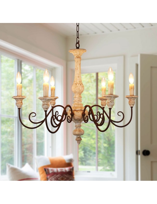 Oaks Aura 6-Light French Country Wooden Chandelier, Shabby Chic Wood Chandelier