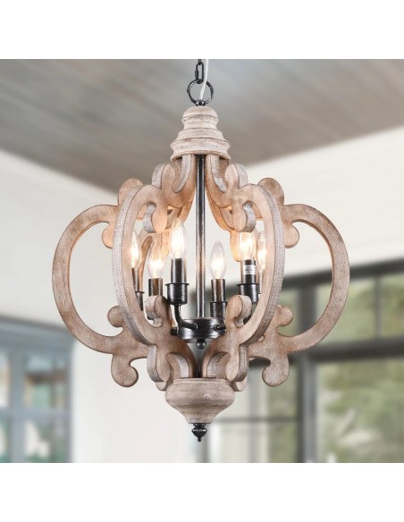 Oaks Aura Cottage Chic Crown Wood Chandelier, 6-Light Farmhouse Wooden Pendant