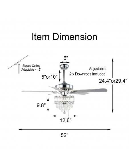 Oaks Aura 52-In Glam Crystal Shade Chandelier, 5 Reversible Blades Ceiling Fan