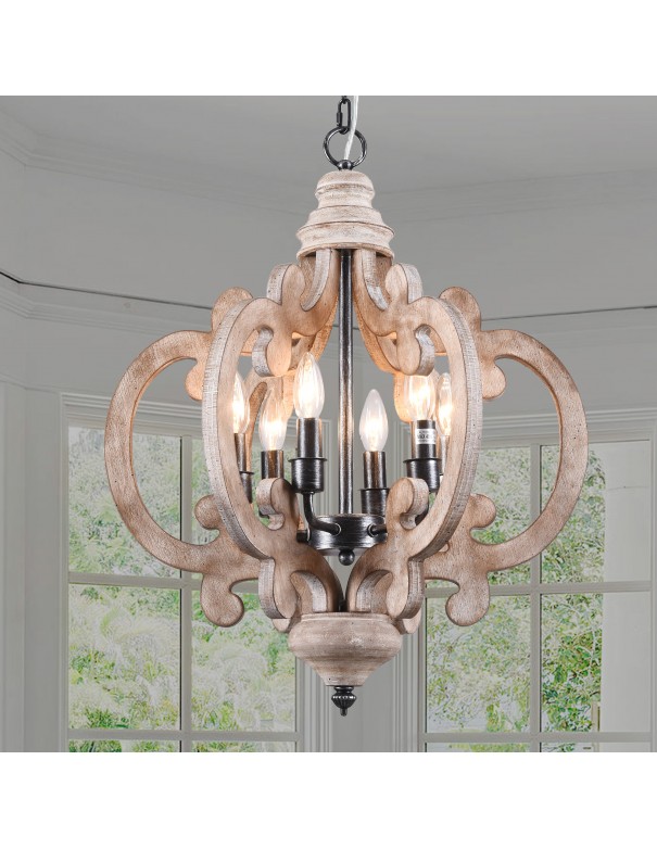 Oaks Aura Cottage Chic Crown Wood Chandelier, 6-Light Farmhouse Wooden Pendant