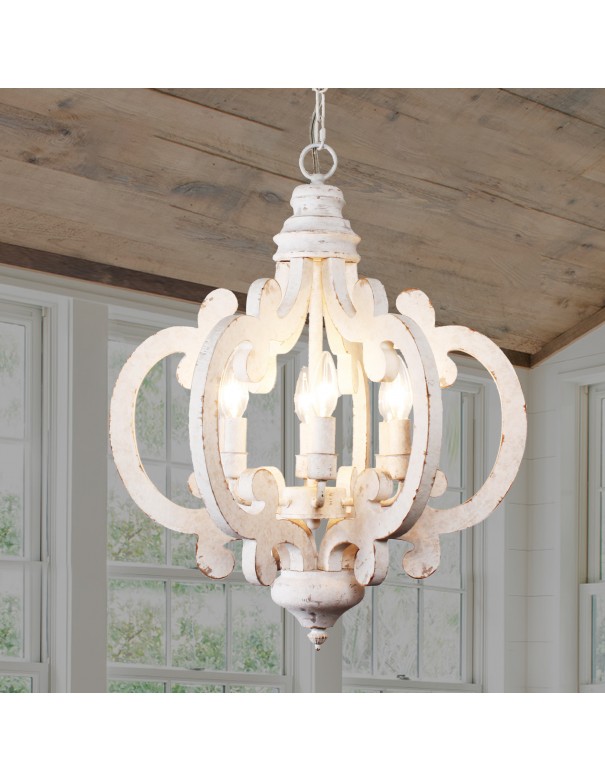 Oaks Aura Cottage Chic Crown Wood Chandelier, 6-Light Farmhouse Wooden Pendant