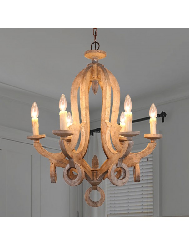 Oaks Aura Shabby Chic Candle-style 6-Light Wooden Chandelier