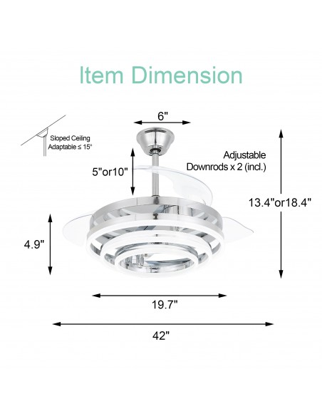 Oaks Aura 42in. DIY Shape LED Retractable Ceiling Fan With Light 6 Speed Latest DC Motor Remote Control Retractable Ceiling Fan
