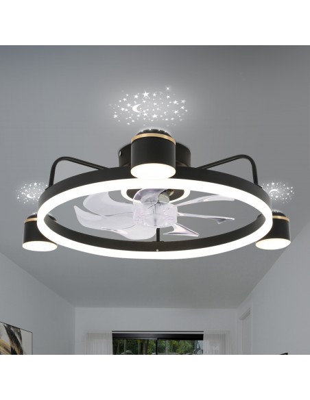 Oaks Aura 28in. LED Starry Night Bladeless Smart App Control Low Profile Ceiling Fan Flush Mount Dimmable Lighting ETA 2.28