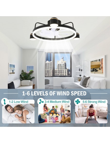 Oaks Aura 28in. LED Starry Night Bladeless Smart App Control Low Profile Ceiling Fan Flush Mount Dimmable Lighting ETA 2.28