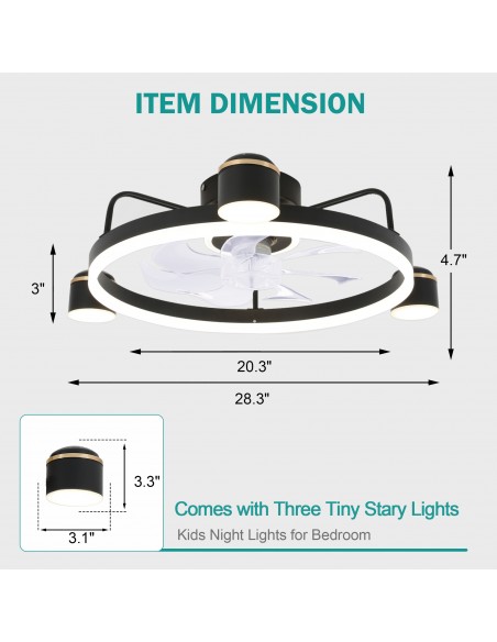 Oaks Aura 28in. LED Starry Night Bladeless Smart App Control Low Profile Ceiling Fan Flush Mount Dimmable Lighting ETA 2.28