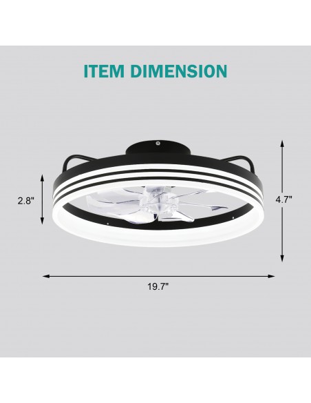 Oaks Aura 20in.Bladeless Smart App Remote Control Low Profile 6-Speed Ceiling Fan DC Motor Flush Mount Dimmable Lighting ETA2.28