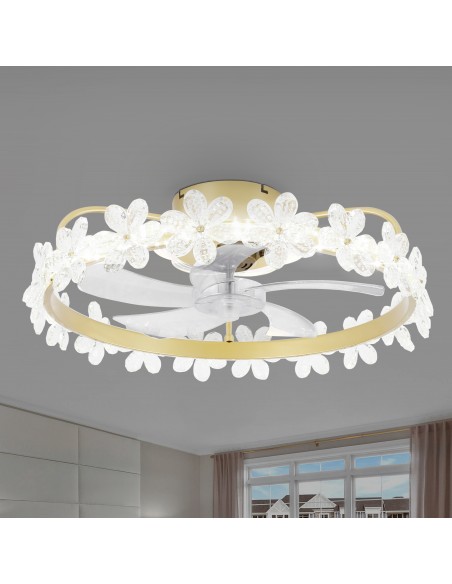 Oaks Aura 28in. LED Modern Bladeless Smart  App Control Low Profile Daisy Glam Crystal Ceiling Fan Flush Mount Dimmable Lighting