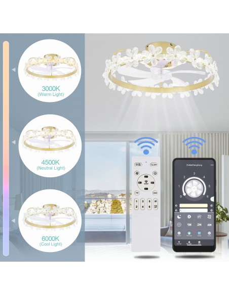 Oaks Aura 28in. LED Modern Bladeless Smart  App Control Low Profile Daisy Glam Crystal Ceiling Fan Flush Mount Dimmable Lighting