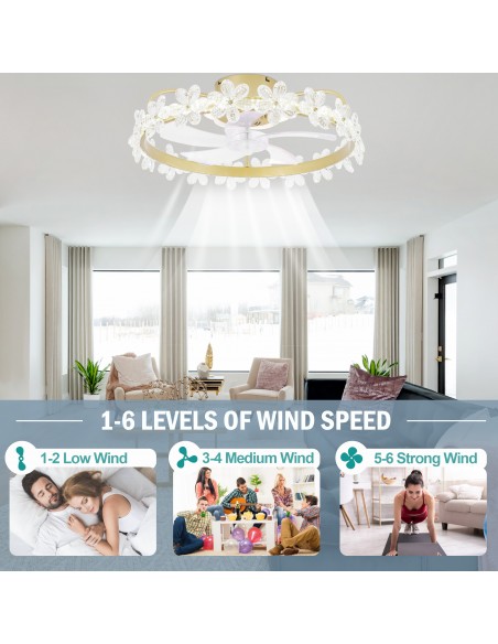 Oaks Aura 28in. LED Modern Bladeless Smart  App Control Low Profile Daisy Glam Crystal Ceiling Fan Flush Mount Dimmable Lighting