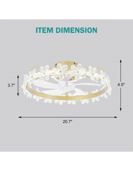 Oaks Aura 28in. LED Modern Bladeless Smart  App Control Low Profile Daisy Glam Crystal Ceiling Fan Flush Mount Dimmable Lighting