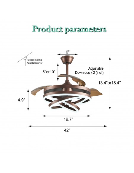 Oaks Aura 42in. DIY Shape LED Retractable Ceiling Fan With Light 6 Speed Latest DC Motor Remote Control Retractable Ceiling Fan