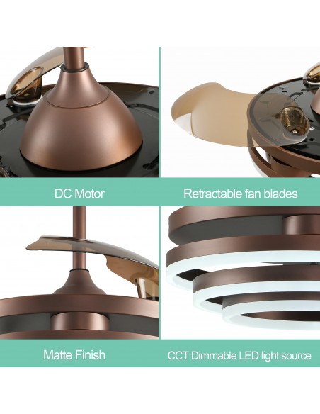 Oaks Aura 42in. DIY Shape LED Retractable Ceiling Fan With Light 6 Speed Latest DC Motor Remote Control Retractable Ceiling Fan