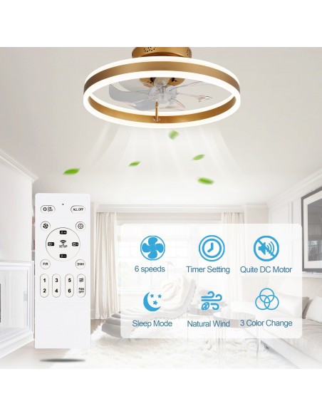 Oaks Aura 20in.Bladeless Low Profile Ceiling Fan Flush Mount Smart App Remote  Control Dimmable Lighting