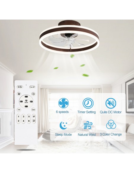 Oaks Aura 20in.Bladeless Low Profile Ceiling Fan Flush Mount Smart App Remote  Control Dimmable Lighting