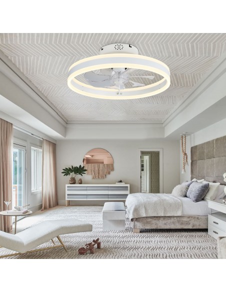 Oaks Aura 20in.Bladeless Low Profile Ceiling Fan Flush Mount Smart App Remote  Control Dimmable Lighting