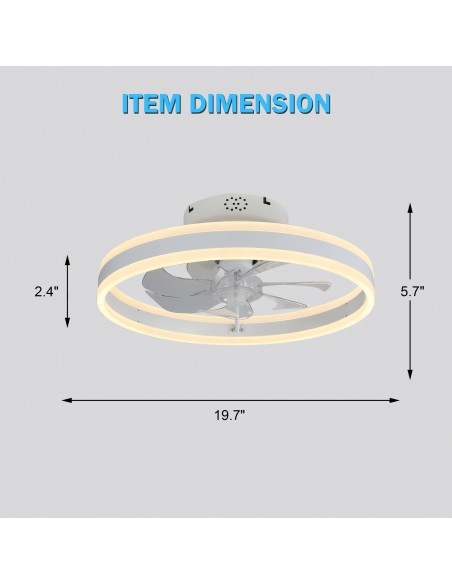 Oaks Aura 20in.Bladeless Low Profile Ceiling Fan Flush Mount Smart App Remote  Control Dimmable Lighting