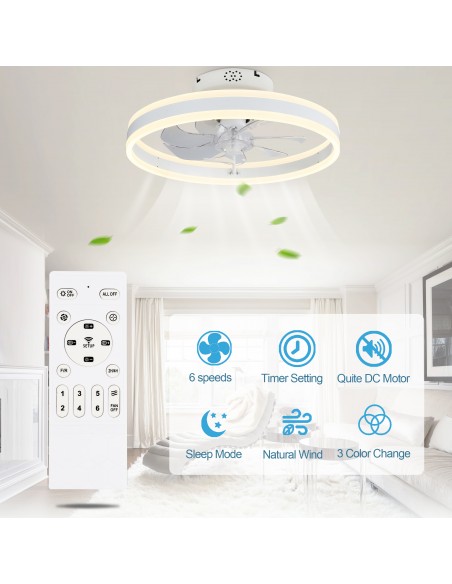 Oaks Aura 20in.Bladeless Low Profile Ceiling Fan Flush Mount Smart App Remote  Control Dimmable Lighting