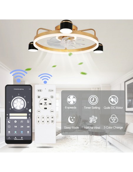 Oaks Aura 28in. LED Starry Night Bladeless Smart App Control Low Profile Ceiling Fan Flush Mount Dimmable Lighting ETA 2.28