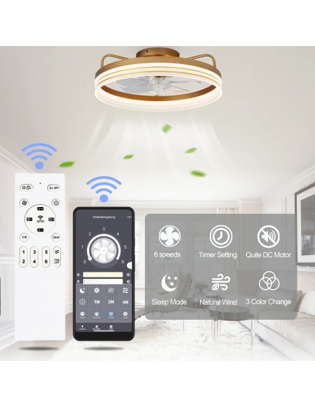 Oaks Aura 20in.Bladeless Smart App Remote Control Low Profile 6-Speed Ceiling Fan DC Motor Flush Mount Dimmable Lighting ETA2.28