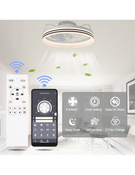 Oaks Aura 20in.Bladeless Smart App Remote Control Low Profile 6-Speed Ceiling Fan DC Motor Flush Mount Dimmable Lighting ETA2.28