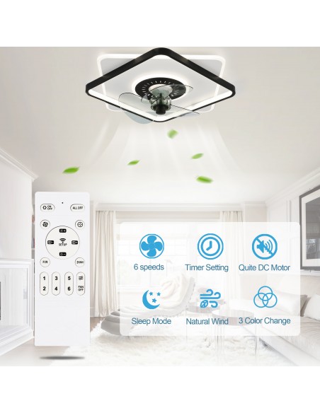 Oaks Aura 19.2 inch Square Low Profile Ceiling Fan with Remote Control and LED Light.