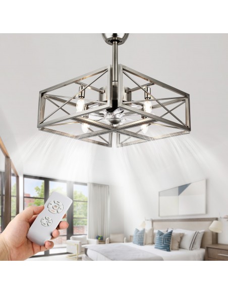 Oaks Aura 20 inch Industrial Low Profile Ceiling Fan with Light Nickel Caged Ceiling Fan with Remote Control