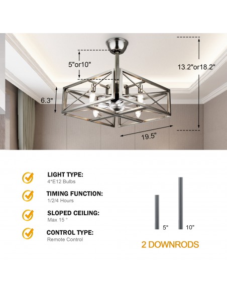 Oaks Aura 20 inch Industrial Low Profile Ceiling Fan with Light Nickel Caged Ceiling Fan with Remote Control
