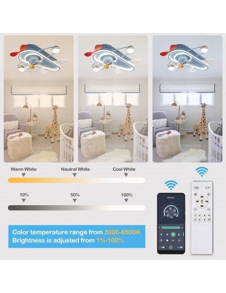 Oaks Aura 25" Aircraft-Shaped Children Flush Mount Ceiling Fan Smart App Remote Control with LED Lights