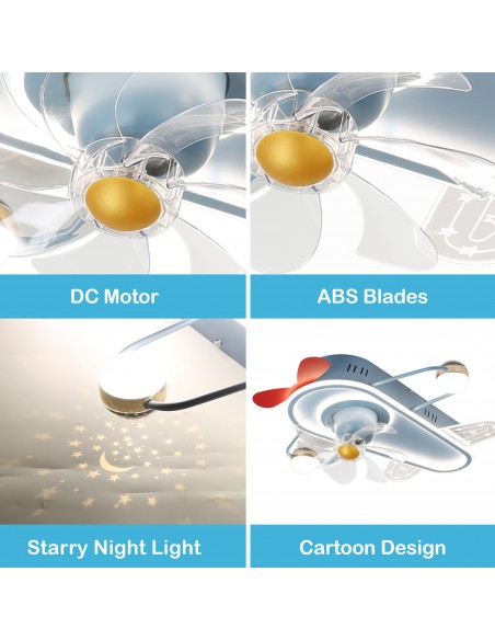 Oaks Aura 25" Aircraft-Shaped Children Flush Mount Ceiling Fan Smart App Remote Control with LED Lights