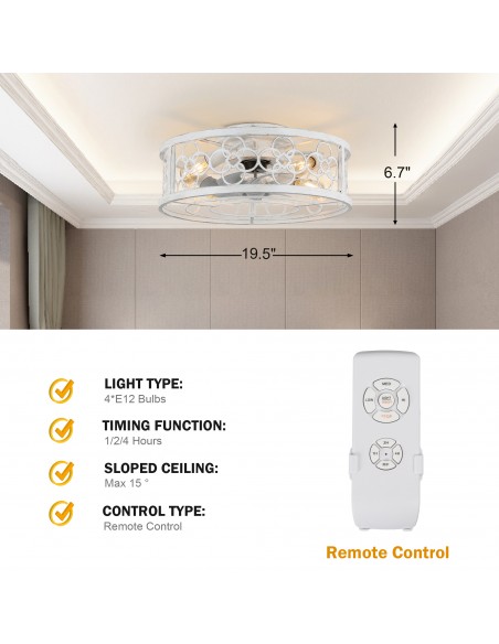 Oaks Aura 20 inch Low Profile Caged Ceiling Fan bladeless Reversible Flush Mount Ceiling Fan with Remote Control.
