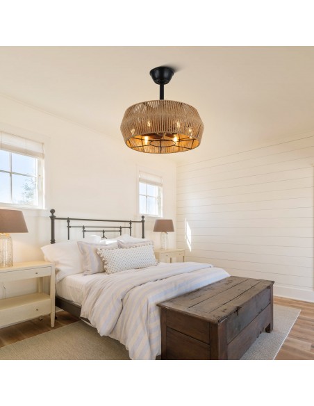 Oaks Aura 18" Rattan Hemp Drum Style Boho Caged Ceiling Fan with Lights and Remote Control