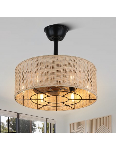 Oaks Aura 18" Boho Caged Woven Rattan Ceiling Fan Farmhouse Retro Ceiling Fan with Lights and Remote Control.