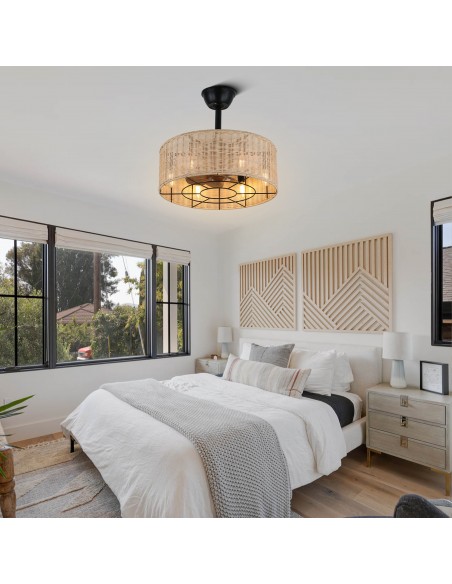 Oaks Aura 18" Boho Caged Woven Rattan Ceiling Fan Farmhouse Retro Ceiling Fan with Lights and Remote Control.