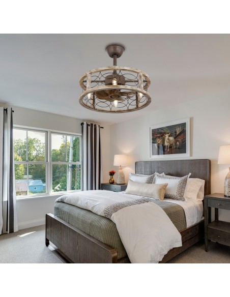 Oaks Aura 18" Farmhouse 4-Light Wood Caged Ceiling Fan with Lights Remote 3-Speed Fandelier