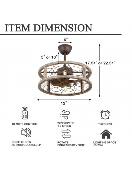 Oaks Aura 18" Farmhouse 4-Light Wood Caged Ceiling Fan with Lights Remote 3-Speed Fandelier