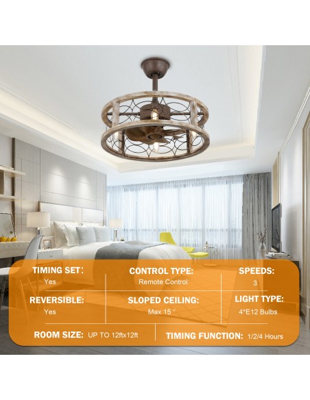 Oaks Aura 18" Farmhouse 4-Light Wood Caged Ceiling Fan with Lights Remote 3-Speed Fandelier