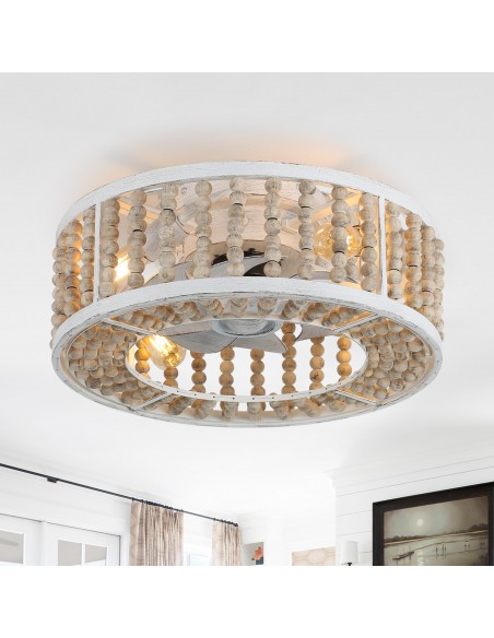 Oaks Aura 20" Bohemian Wood Beads Caged Ceiling Fan with Lights Remote 3-Speed Distressed White Reversible Ceiling Fan