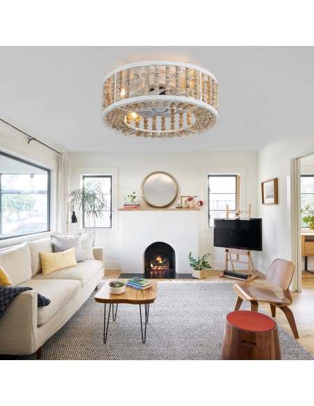 Oaks Aura 20" Bohemian Wood Beads Caged Ceiling Fan with Lights Remote 3-Speed Distressed White Reversible Ceiling Fan