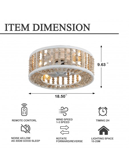 Oaks Aura 20" Bohemian Wood Beads Caged Ceiling Fan with Lights Remote 3-Speed Distressed White Reversible Ceiling Fan
