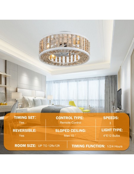 Oaks Aura 20" Bohemian Wood Beads Caged Ceiling Fan with Lights Remote 3-Speed Distressed White Reversible Ceiling Fan