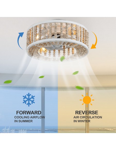 Oaks Aura 20" Bohemian Wood Beads Caged Ceiling Fan with Lights Remote 3-Speed Distressed White Reversible Ceiling Fan