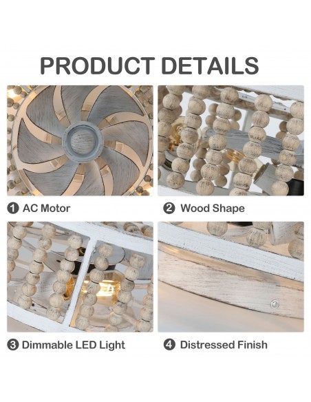 Oaks Aura 20" Bohemian Wood Beads Caged Ceiling Fan with Lights Remote 3-Speed Distressed White Reversible Ceiling Fan