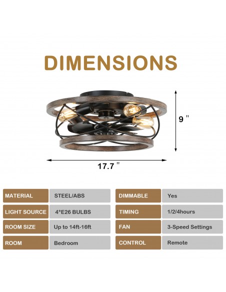 Oaks Aura 4-Light Farmhouse Drum Solid Wood Flush Mount Ceiling Fan with Lights