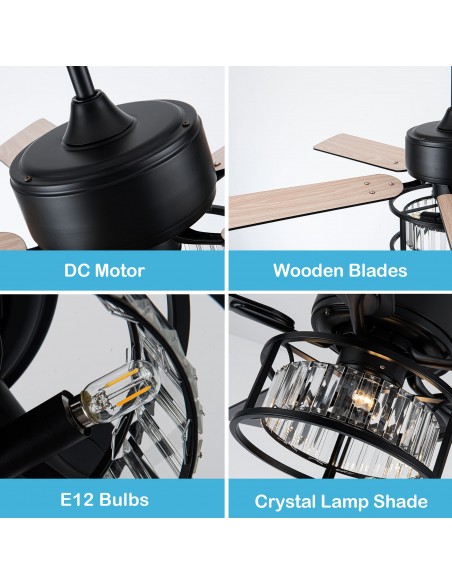 Oaks Aura 52” Reversible Crystal Ceiling Fan Remote 6-Speed DC Motor Ceiling Lighting