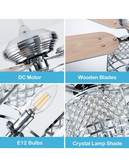 Oaks Aura 52” Reversible Crystal Ceiling Fan Remote 6-Speed DC Motor Ceiling Lighting